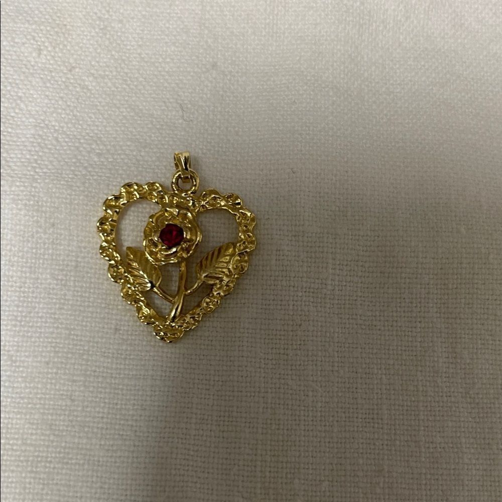 Gold Tone Heart Pendant with Red Gemstone